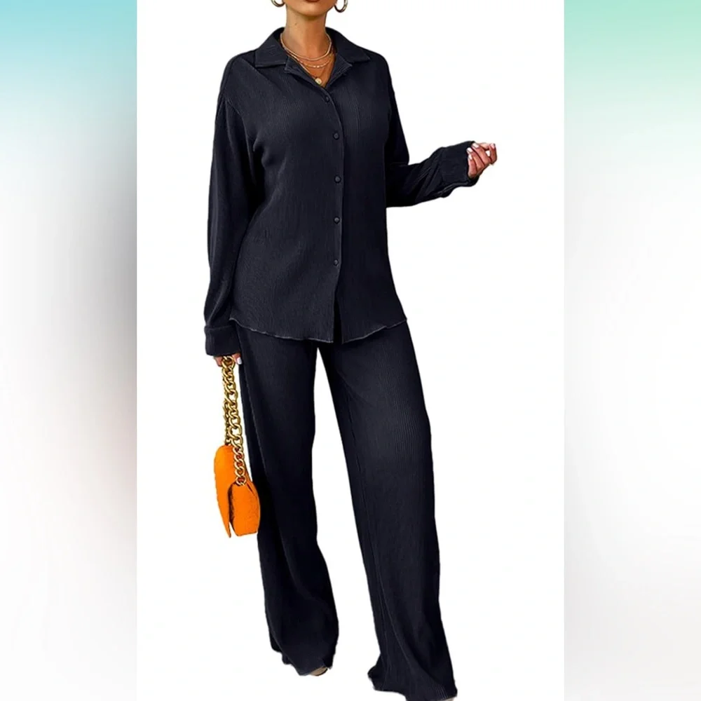 Amazon NWOT Casual Black Plisse Two piece Outfit for Women Longsleeve Top + Pant - Picture 1 of 3